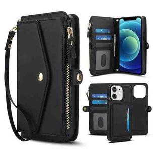 For iPhone 12 Multifunctional Wallet Detachable Leather Phone Case with Lanyard(Black)
