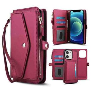 For iPhone 12 Multifunctional Wallet Detachable Leather Phone Case with Lanyard(Red)