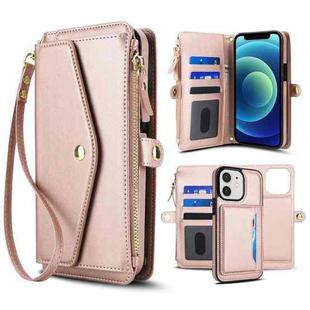 For iPhone 12 Multifunctional Wallet Detachable Leather Phone Case with Lanyard(Rose Gold)
