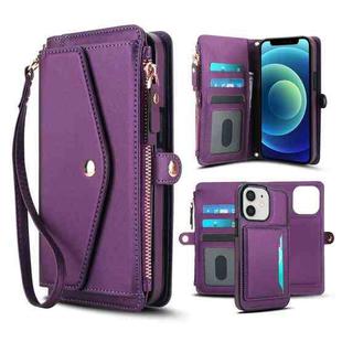 For iPhone 12 Multifunctional Wallet Detachable Leather Phone Case with Lanyard(Dark Purple)