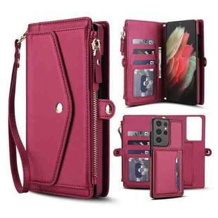For Samsung Galaxy S21 Ultra 5G Multifunctional Wallet Detachable Leather Phone Case with Lanyard(Red)