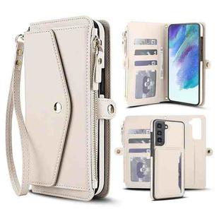 For Samsung Galaxy S21 FE 5G Multifunctional Wallet Detachable Leather Phone Case with Lanyard(White)