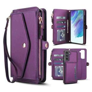 For Samsung Galaxy S21 FE 5G Multifunctional Wallet Detachable Leather Phone Case with Lanyard(Dark Purple)