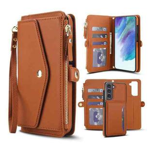 For Samsung Galaxy S21 FE 5G Multifunctional Wallet Detachable Leather Phone Case with Lanyard(Brown)