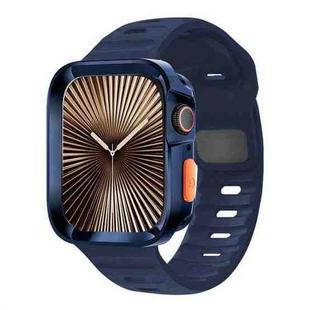 For Apple Watch Series 10 46mm Wave Texture Reverse Buckle Silicone Watch Band with TPU Case(Dark Blue)