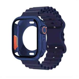 For Apple Watch Series 10 42mm Butterfly Buckle Ocean Silicone Watch Band with Film Integrated PC Case(Dark Blue)