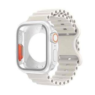 For Apple Watch 44mm / 45mm Butterfly Buckle Ocean Silicone Watch Band with Film Integrated PC Case(White)