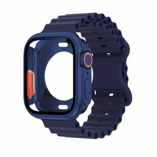 For Apple Watch Series 45mm Butterfly Buckle Ocean Silicone Watch Band with Film Integrated PC Case(Dark Blue)