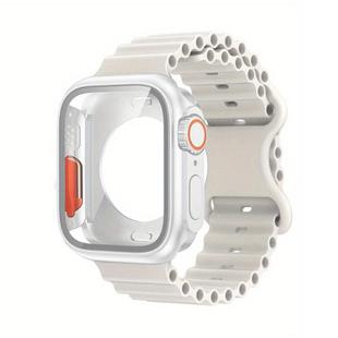 For Apple Watch Series 45mm Butterfly Buckle Ocean Silicone Watch Band with Film Integrated PC Case(White)