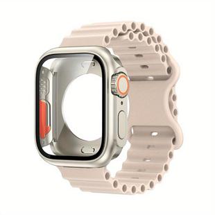 For Apple Watch Series 45mm Butterfly Buckle Ocean Silicone Watch Band with Film Integrated PC Case(Starlight)