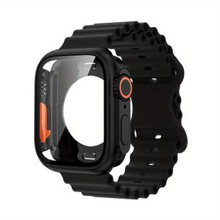 For Apple Watch Series 41mm Butterfly Buckle Ocean Silicone Watch Band with Film Integrated PC Case(Black)