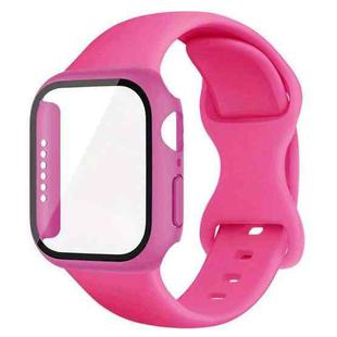 For Apple Watch 44mm / 45mm Butterfly Buckle Silicone Watch Band with Film Integrated PC Case(Rose Red)