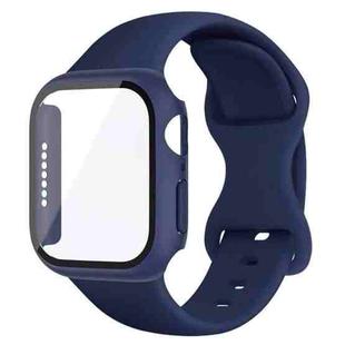 For Apple Watch 44mm / 45mm Butterfly Buckle Silicone Watch Band with Film Integrated PC Case(Midnight Blue)