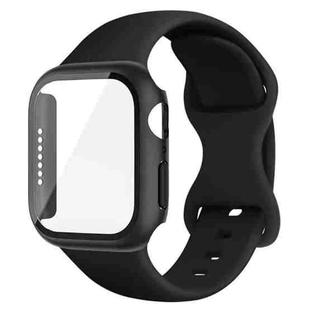 For Apple Watch 44mm / 45mm Butterfly Buckle Silicone Watch Band with Film Integrated PC Case(Black)