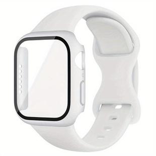 For Apple Watch Series 41mm Butterfly Buckle Silicone Watch Band with Film Integrated PC Cover(White)