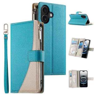 For iPhone 16 Stitching Multi-card Zipper Wallet Leather Phone Case with Short Strap(Blue)