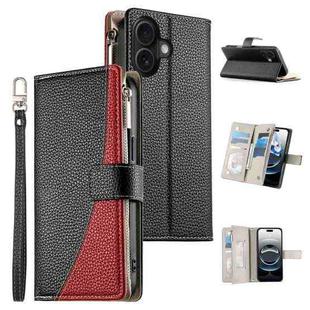For iPhone 16 Stitching Multi-card Zipper Wallet Leather Phone Case with Short Strap(Black)