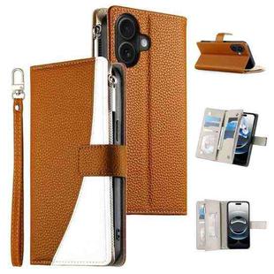 For iPhone 16 Stitching Multi-card Zipper Wallet Leather Phone Case with Short Strap(Brown)