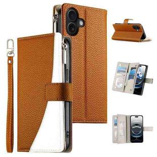 For iPhone 16 Plus Stitching Multi-card Zipper Wallet Leather Phone Case with Short Strap(Brown)