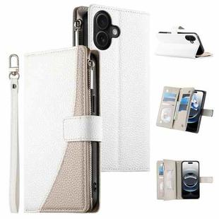 For iPhone 16 Plus Stitching Multi-card Zipper Wallet Leather Phone Case with Short Strap(White)