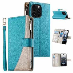 For iPhone 16 Pro Max Stitching Multi-card Zipper Wallet Leather Phone Case with Short Strap(Blue)