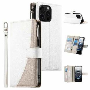 For iPhone 16 Pro Max Stitching Multi-card Zipper Wallet Leather Phone Case with Short Strap(White)