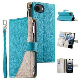 For iPhone 16e Stitching Multi-card Zipper Wallet Leather Phone Case with Short Strap(Blue)