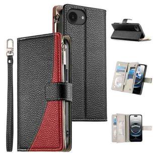 For iPhone 16e Stitching Multi-card Zipper Wallet Leather Phone Case with Short Strap(Black)