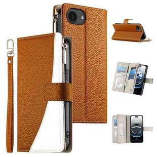 For iPhone 16e Stitching Multi-card Zipper Wallet Leather Phone Case with Short Strap(Brown)