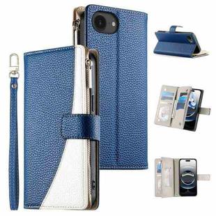 For iPhone 16e Stitching Multi-card Zipper Wallet Leather Phone Case with Short Strap(Dark Blue)