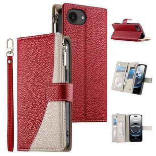For iPhone 16e Stitching Multi-card Zipper Wallet Leather Phone Case with Short Strap(Red)