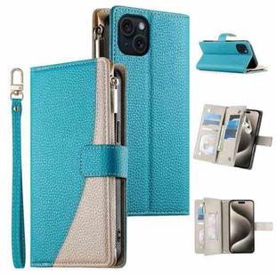 For iPhone 15 Plus Stitching Multi-card Zipper Wallet Leather Phone Case with Short Strap(Blue)