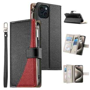 For iPhone 15 Plus Stitching Multi-card Zipper Wallet Leather Phone Case with Short Strap(Black)