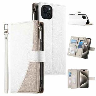 For iPhone 15 Plus Stitching Multi-card Zipper Wallet Leather Phone Case with Short Strap(White)