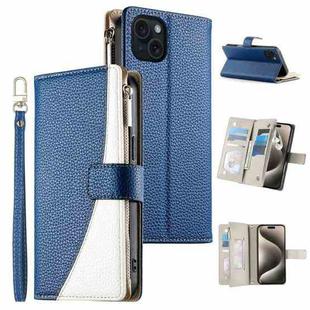 For iPhone 15 Plus Stitching Multi-card Zipper Wallet Leather Phone Case with Short Strap(Dark Blue)