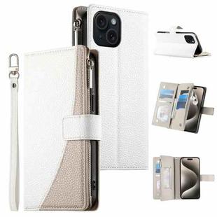 For iPhone 15 Stitching Multi-card Zipper Wallet Leather Phone Case with Short Strap(White)