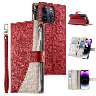 For iPhone 14 Pro Max Stitching Multi-card Zipper Wallet Leather Phone Case with Short Strap(Red)