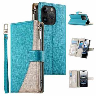 For iPhone 14 Pro Stitching Multi-card Zipper Wallet Leather Phone Case with Short Strap(Blue)