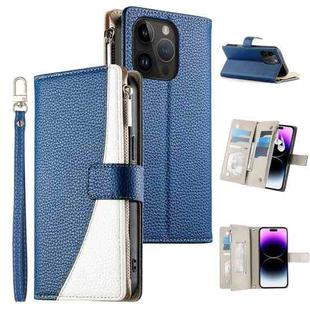 For iPhone 14 Pro Stitching Multi-card Zipper Wallet Leather Phone Case with Short Strap(Dark Blue)