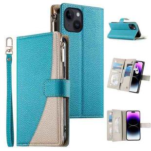 For iPhone 14 / 13 Stitching Multi-card Zipper Wallet Leather Phone Case with Short Strap(Blue)