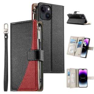 For iPhone 14 / 13 Stitching Multi-card Zipper Wallet Leather Phone Case with Short Strap(Black)