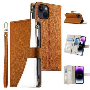 For iPhone 14 / 13 Stitching Multi-card Zipper Wallet Leather Phone Case with Short Strap(Brown)