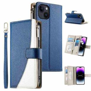 For iPhone 14 / 13 Stitching Multi-card Zipper Wallet Leather Phone Case with Short Strap(Dark Blue)