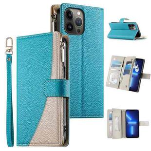 For iPhone 13 Pro Max Stitching Multi-card Zipper Wallet Leather Phone Case with Short Strap(Blue)