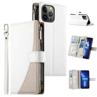 For iPhone 13 Pro Max Stitching Multi-card Zipper Wallet Leather Phone Case with Short Strap(White)