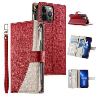 For iPhone 13 Pro Max Stitching Multi-card Zipper Wallet Leather Phone Case with Short Strap(Red)