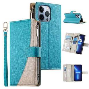 For iPhone 13 Pro Stitching Multi-card Zipper Wallet Leather Phone Case with Short Strap(Blue)