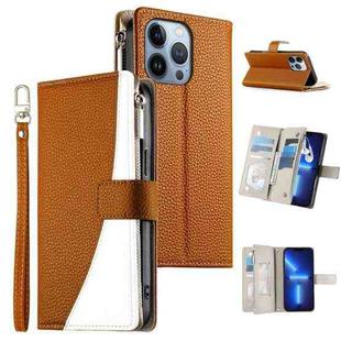 For iPhone 13 Pro Stitching Multi-card Zipper Wallet Leather Phone Case with Short Strap(Brown)