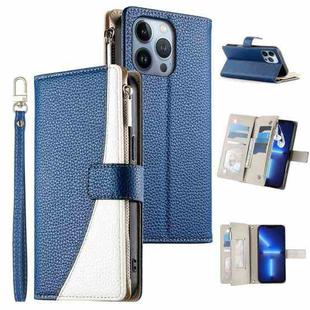 For iPhone 13 Pro Stitching Multi-card Zipper Wallet Leather Phone Case with Short Strap(Dark Blue)
