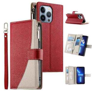 For iPhone 13 Pro Stitching Multi-card Zipper Wallet Leather Phone Case with Short Strap(Red)